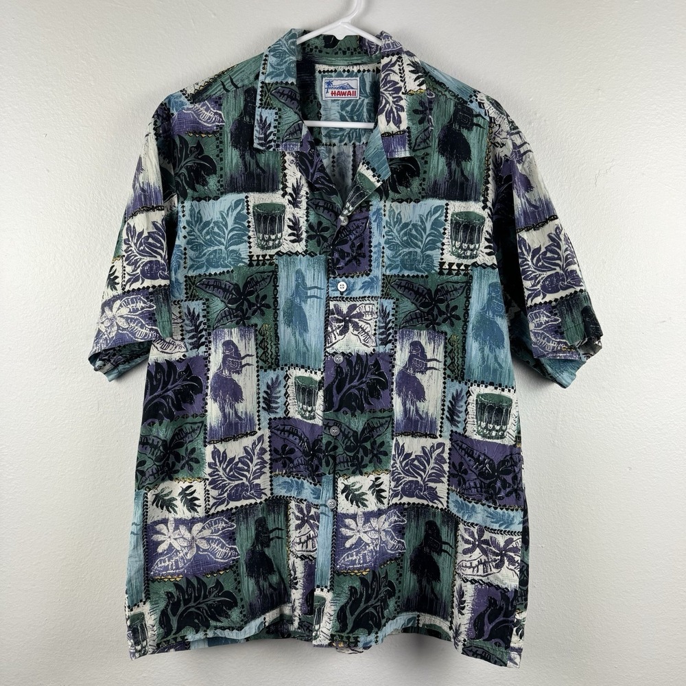 VTG HAWAII BRAND Mens short sleeve cotton hawaiian shirt hula drums - XL *READ‎